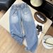 Women's High-Waisted Straight Leg Jeans With Detachable Rhinestone Bow Loose Fitting Wide Leg Denim Casual Solid Color Spring/Autumn_mkmklike.com