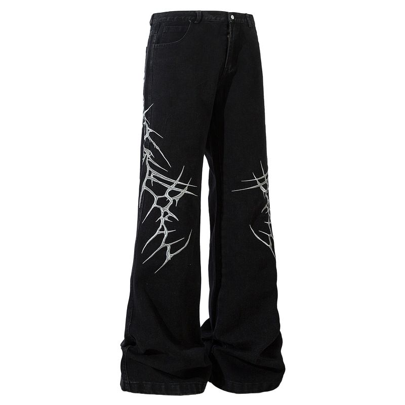 Men’s Streetwear Distressed Embroidered Jeans – Loose Straight Fit, Gothic Thorn Stitching, Unisex Appeal (Sizes M-2XL, Black, Washed Finish)_mkmklike.com