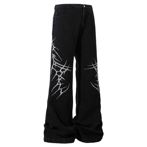 Men’s Streetwear Distressed Embroidered Jeans – Loose Straight Fit, Gothic Thorn Stitching, Unisex Appeal (Sizes M-2XL, Black, Washed Finish)_mkmklike.com