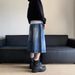 Men's American Style Lightning Crackle Pattern Cropped Jeans Summer Whiskered Washed Straight Leg Loose Fit Wide Leg 7/8 Length Shorts_mkmklike.com
