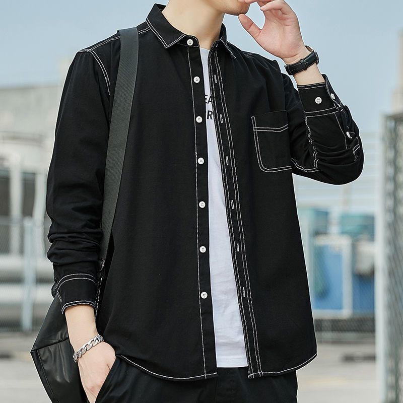 Autumn Men's Cotton Denim Korean Version Loose Inch Top Long Sleeved Shirt Black Trendy Cool Jacket Large Size_mkmklike.com
