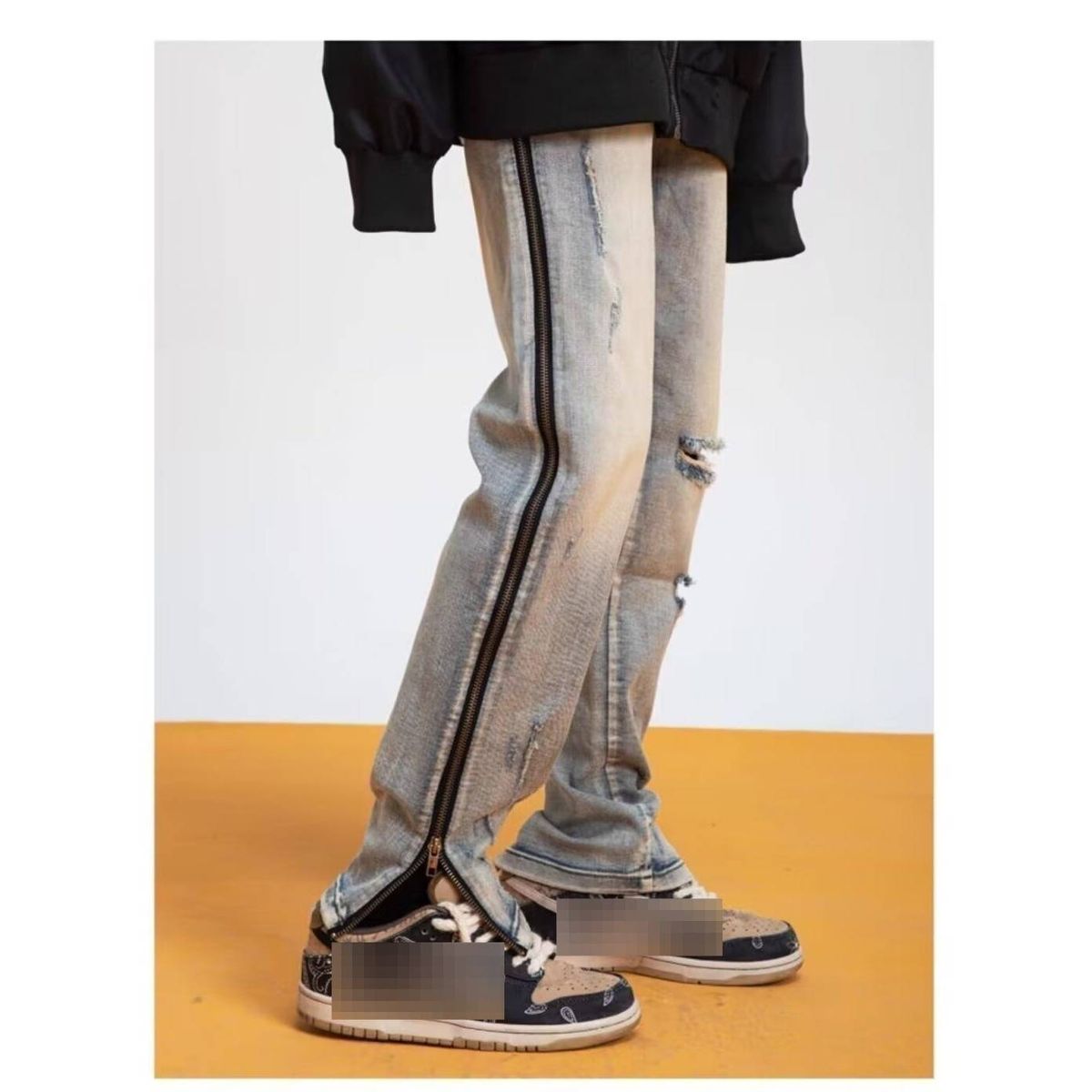Men’s Patchwork Straight-Leg Jeans – Oversized Denim Pants With Streetwear Style, Loose Fit & Long Hem For Hip-Hop & Urban Fashion_mkmklike.com