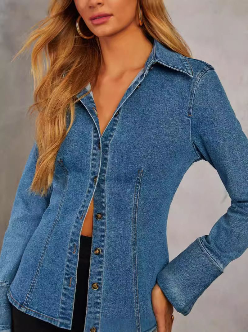 Women's Casual Style Long Sleeved Denim Shirt Single Breasted Lapel Collar Autumn Fashion_mkmklike.com