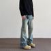Nordmann American High Street Vibe Style Cat Whiskers Bamboo Knot Pattern Washed Jeans Men Slim Straight Slightly Flared Cleanfit_mkmklike.com