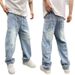 Men's Distressed Patchwork Straight Leg Jeans - Washed Denim With Elastic Waist & Drawstring For Casual Wear_mkmklike.com