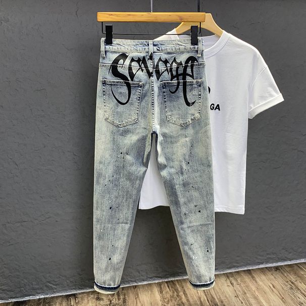 Trendy High-End Slim Fit Cropped Jeans for Men Casual Printed Tapered Leg Denim Pants New Summer Style_mkmklike.com