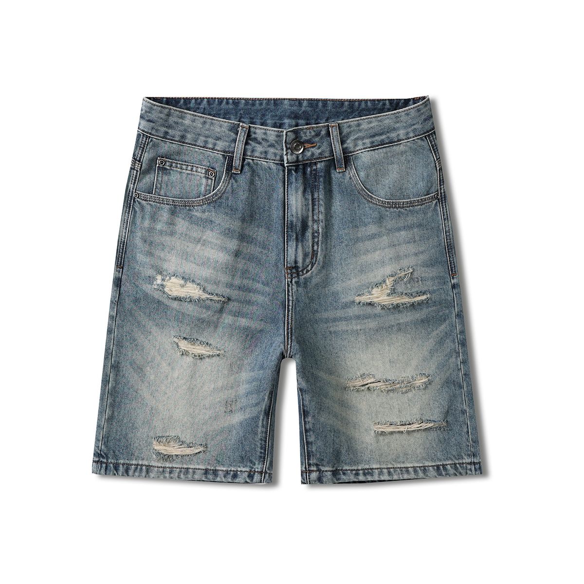 "Men's Vintage Washed Distressed Denim Shorts - High Street Straight Leg Cargo Shorts With Frayed Hem For Urban Streetwear"_mkmklike.com