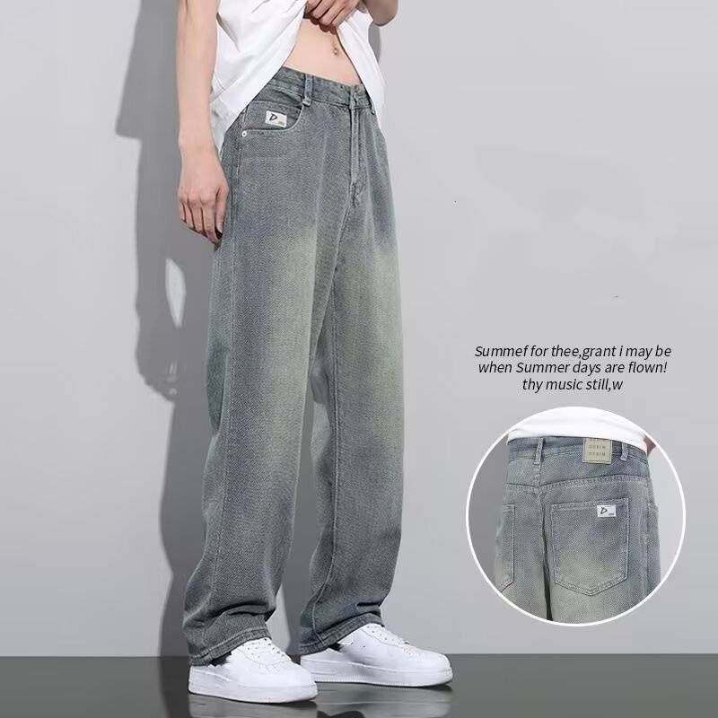 Men's Vintage Washed Denim Jeans - Loose Fit Straight Leg Casual Pants With Starry Design, Summer Lightweight Cotton Comfort_mkmklike.com