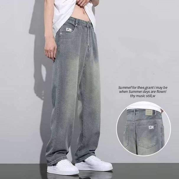 Men's Vintage Washed Denim Jeans - Loose Fit Straight Leg Casual Pants With Starry Design, Summer Lightweight Cotton Comfort_mkmklike.com
