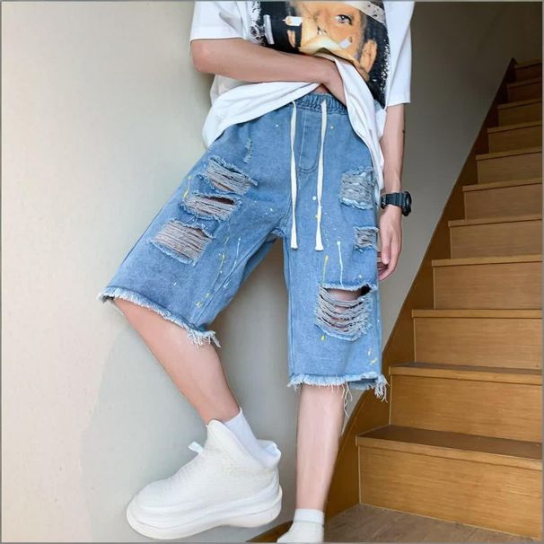 Men's Clothing Men's Ripped Denim Shorts Fashion Brand Ink Splatter Pattern Trendy Frayed Edges Loose Fit Summer Style Five Point Pants_mkmklike.com