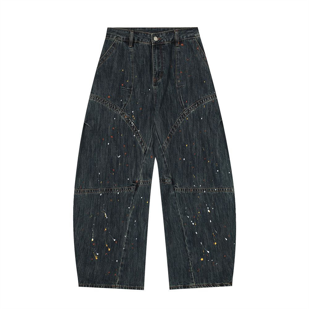 American High Street Silhouette Scimitar Jeans Men's Spray Paint Splatter Design Sense Patchwork Deconstructed Workwear_mkmklike.com