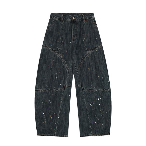 American High Street Silhouette Scimitar Jeans Men's Spray Paint Splatter Design Sense Patchwork Deconstructed Workwear_mkmklike.com