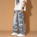 Men's Tie-Dye Jeans - Vintage Washed Straight Leg, Distressed Detailing, Trendy Gradient Color For Casual Streetwear_mkmklike.com