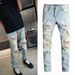 Men's Distressed Patchwork Jeans – Slim Fit Stretch Denim (Streetwear, Casual, Ripped & Embroidered, S-3XL)_mkmklike.com
