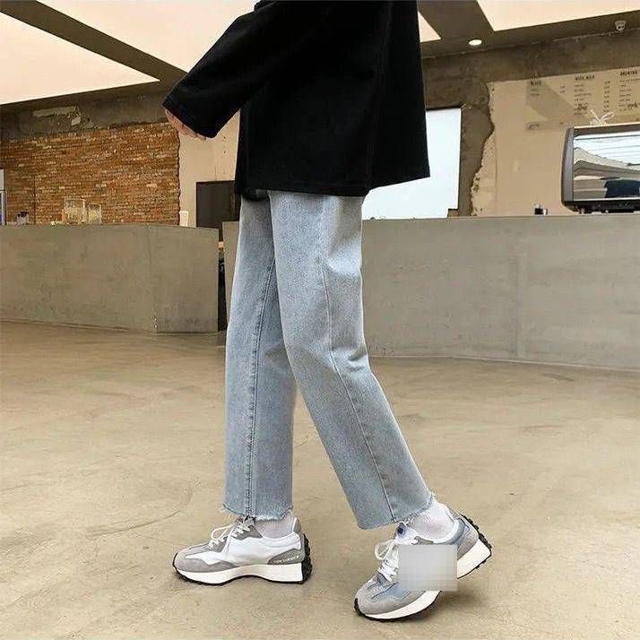 Men's Cropped Straight Leg Jeans – Casual Distressed Hem Denim Pants (Mid-Rise, Light/Deep Blue, No Stretch)_mkmklike.com