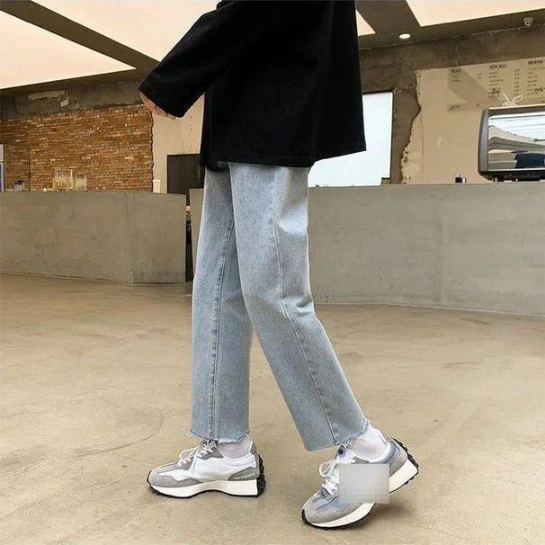 Men's Cropped Straight Leg Jeans – Casual Distressed Hem Denim Pants (Mid-Rise, Light/Deep Blue, No Stretch)_mkmklike.com