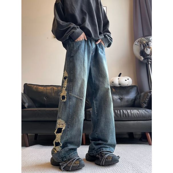 Vintage Distressed Denim Jeans For Men - Retro Washed Blue Relaxed Fit With Faux Rips & Patch Details_mkmklike.com