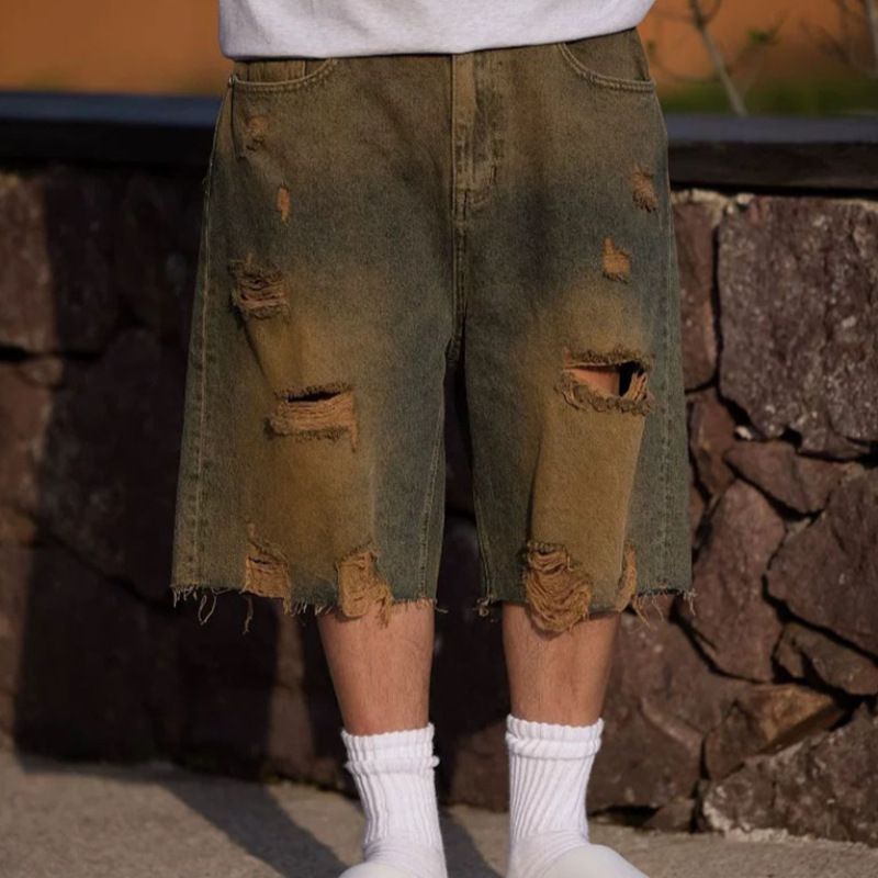 Men's Summer Denim Shorts Trendy High Street Retro Distressed Loose Straight Leg Mid Length 5/8_mkmklike.com