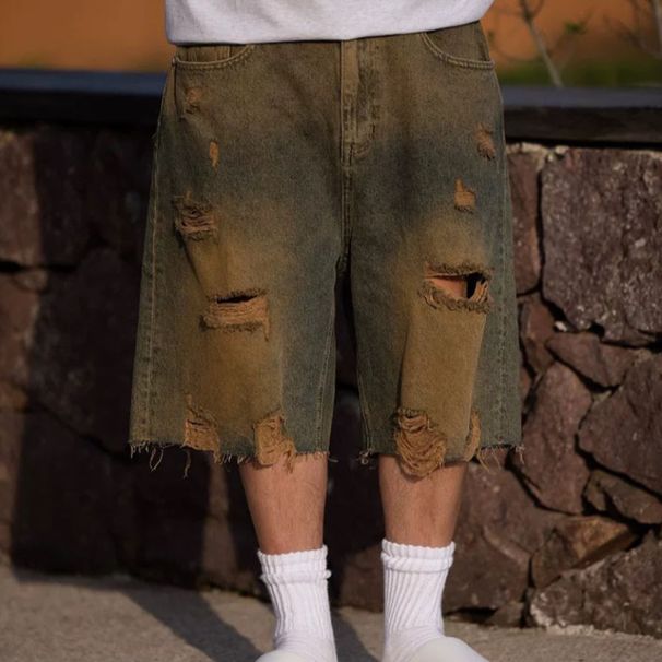 Men's Summer Denim Shorts Trendy High Street Retro Distressed Loose Straight Leg Mid Length 5/8_mkmklike.com