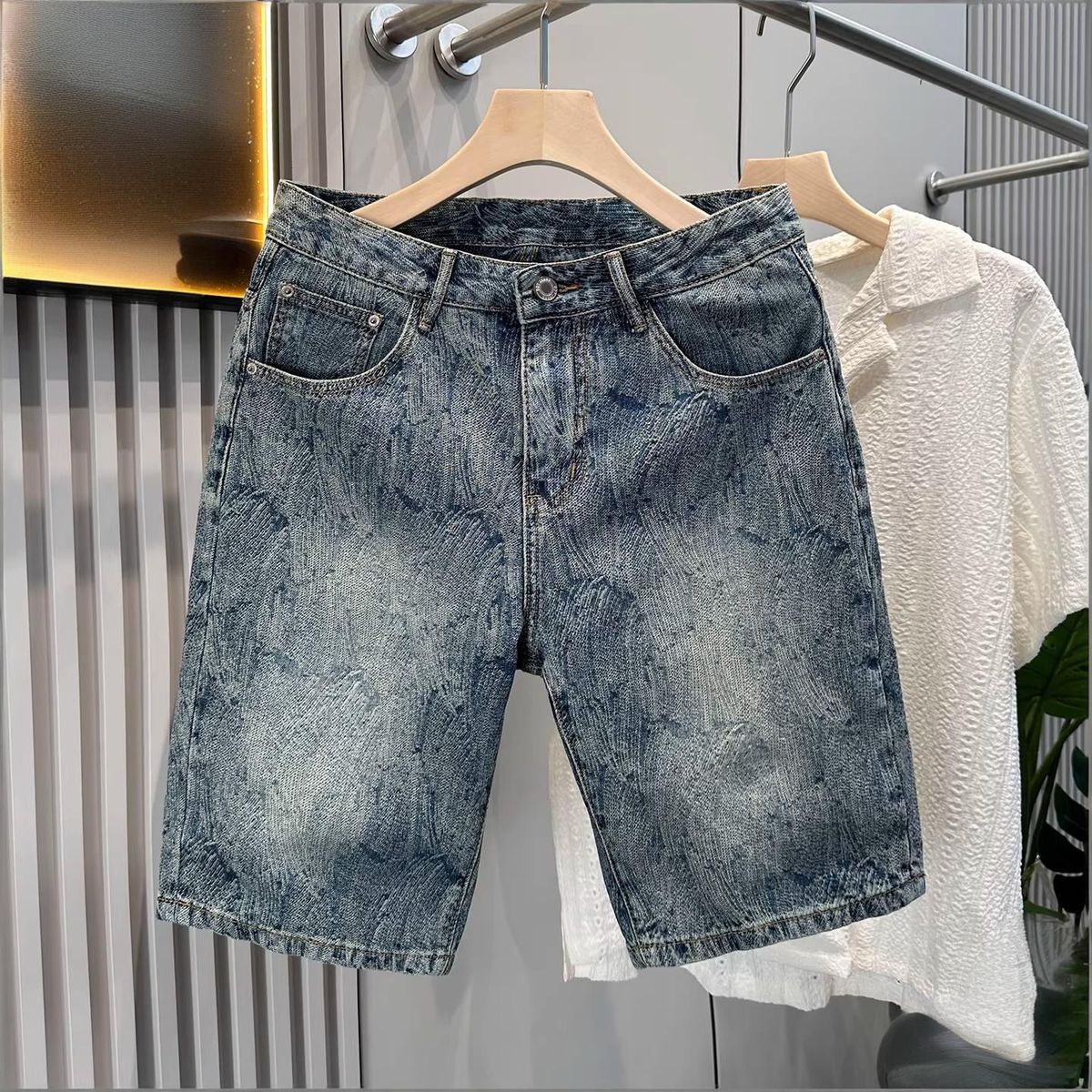 Men's Clothing Men's Mid-Length Water Ripple Jacquard Denim Shorts High Street Style Summer Casual Five-Point Trendy High End_mkmklike.com
