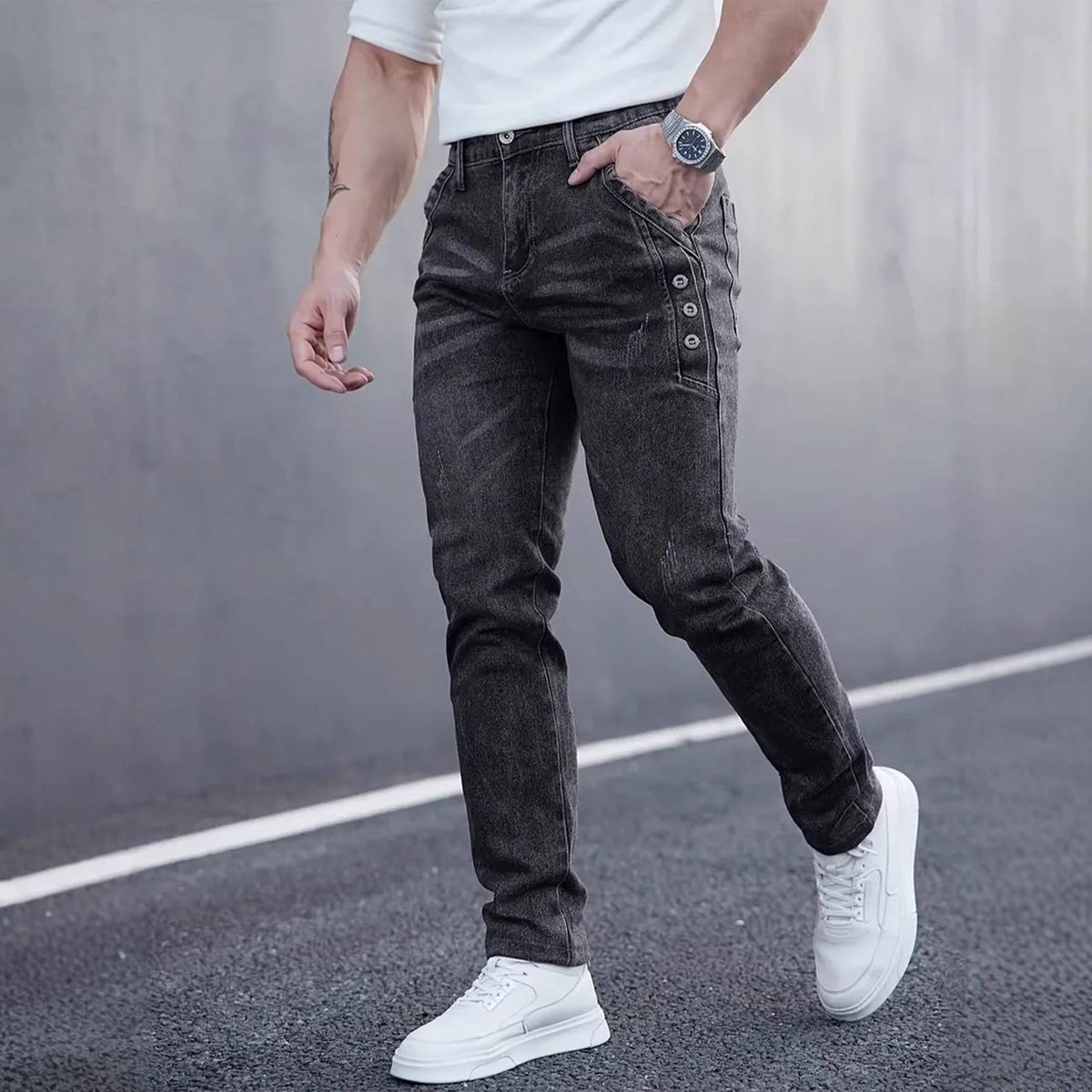 Men's Dark Gray Slim Fit Stretch Denim Jeans Midweight Multi Craftsmanship Trousers Machine Washable Polyester_mkmklike.com