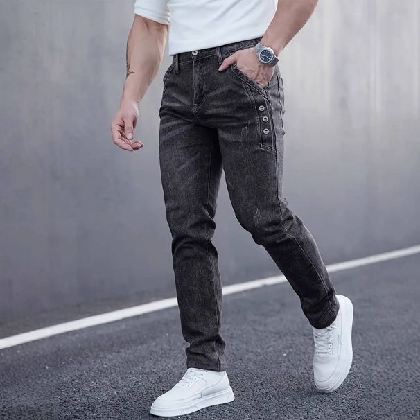 Men's Dark Gray Slim Fit Stretch Denim Jeans Midweight Multi Craftsmanship Trousers Machine Washable Polyester_mkmklike.com