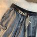 Unisex Retro Washed Denim Shorts Loose Fit Summer Casual Multi Pocket Trendy Street Style Cargo Pants_mkmklike.com