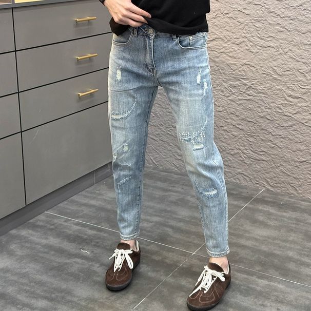 Street Graffiti Jeans Men's Ink Splashing Slim-fitting Pants Trendy Brand Ripped Patch Pants_mkmklike.com