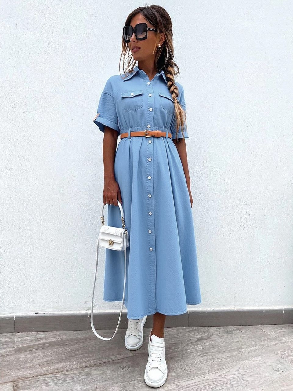 Women's Clothing New Mid Length Shirt Denim Dress A Line_mkmklike.com