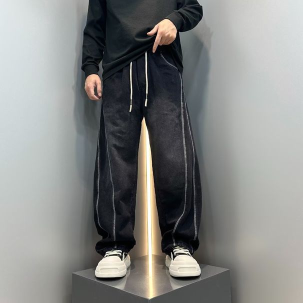 Men's High End Patchwork Straight Leg Jeans Loose Fit Long Pants Autumn Winter Trendy Design_mkmklike.com