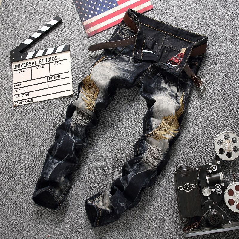 Men's Clothing Trendy Embroidered Wings Ripped Jeans American Street Style Supply_mkmklike.com