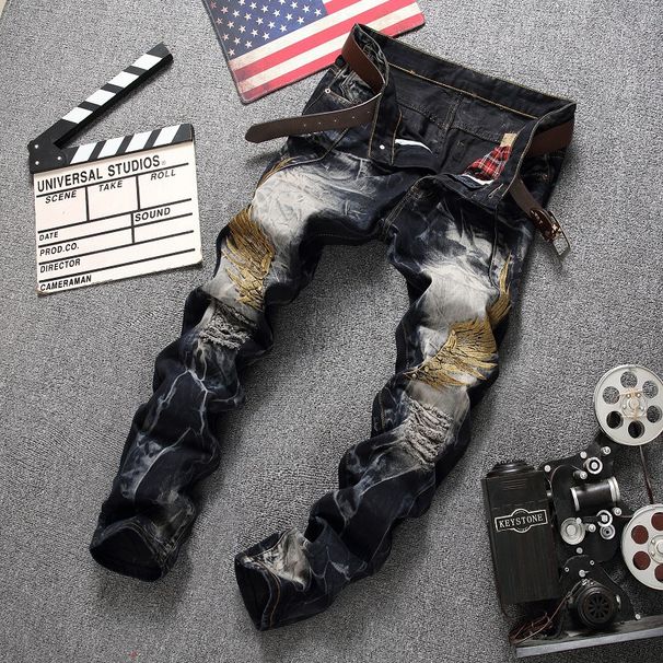 Men's Clothing Trendy Embroidered Wings Ripped Jeans American Street Style Supply_mkmklike.com