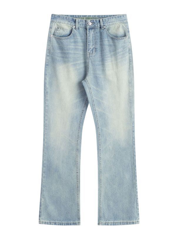 Men's Clothing Cleanfit Washed Distressed Vintage Ice Blue Cream Faded Cat Whisker Scratched Flared Jeans For Men_mkmklike.com