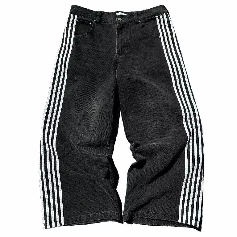 Men's Clothing Retro Street Striped Jeans Washed Distressed Casual Straight Wide Leg Mopping Trousers_mkmklike.com