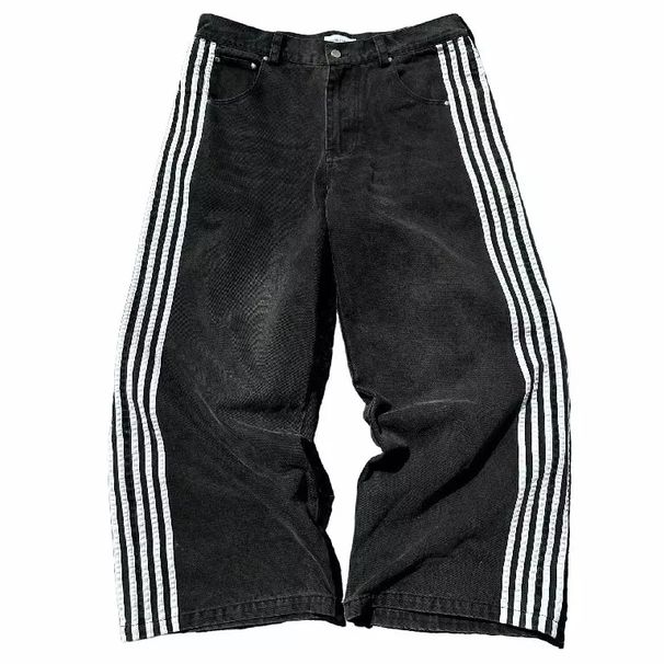 Men's Clothing Retro Street Striped Jeans Washed Distressed Casual Straight Wide Leg Mopping Trousers_mkmklike.com