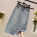 Embroidered Denim Midi Skirt With Rhinestones, High Waist A-Line Slimming Pencil Skirt With Side Slit, Elegant Casual Floral Design For Women_mkmklike.com