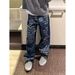 Streetwear Letter Print Jeans – Oversized Straight-Leg Denim Pants For Men (S-3XL, Vintage Dark Wash & Full-Length Typography)_mkmklike.com