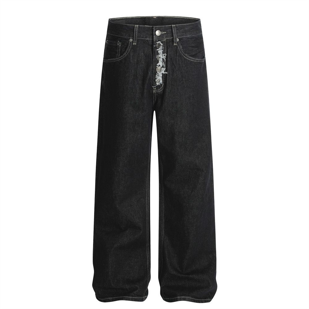 American High Street Straight-Leg Jeans For Men With Design Sense, Button Closure, Cat Whiskers, Niche Loose Wide-Leg_mkmklike.com