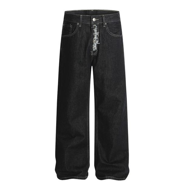 American High Street Straight-Leg Jeans For Men With Design Sense, Button Closure, Cat Whiskers, Niche Loose Wide-Leg_mkmklike.com