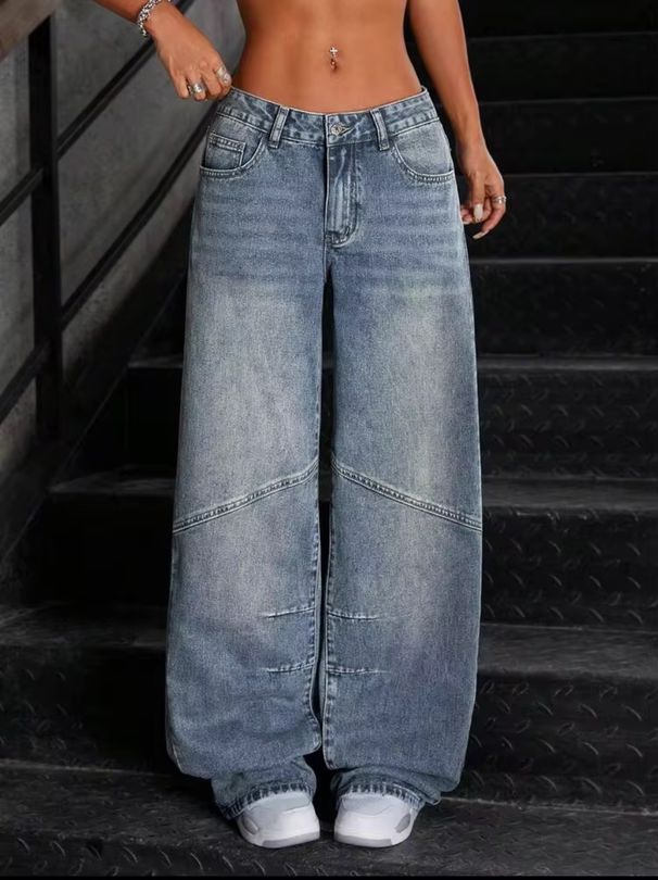 Women's Retro Wide Leg Jeans Light Blue Washed Street Style Loose Fit Workwear Floor Length with Visible Stitching_mkmklike.com