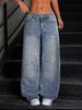 Women's Retro Wide Leg Jeans Light Blue Washed Street Style Loose Fit Workwear Floor Length with Visible Stitching_mkmklike.com