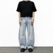 Vintage Washed Distressed Denim Jeans, Relaxed Straight Wide Leg Pants For Men & Women, Retro High Waist Casual Trousers, Blue_mkmklike.com