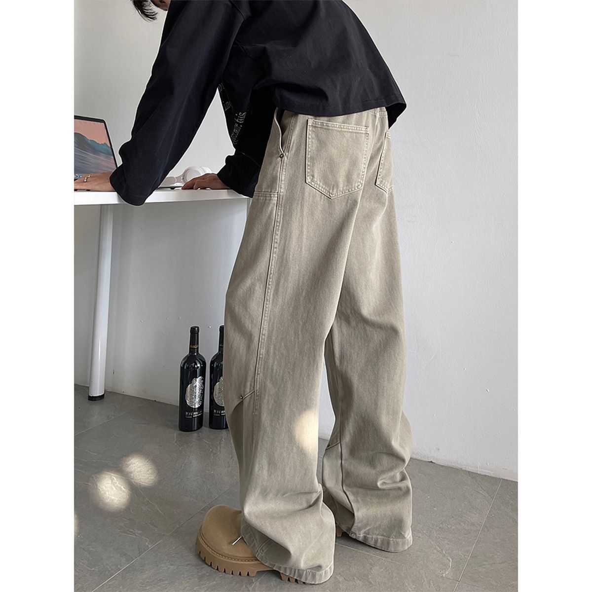 Vintage American Street Style Studded Cargo Pants For Men - Retro Workwear Denim Jeans With Wide Leg & Rivet Details (Brown Green)_mkmklike.com
