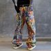 Men's Clothing Men's Premium Graffiti-Print Straight-Leg Jeans – Oversized Fit, Artistic Paint Splatter Design, Cotton Denim (S-3XL, Multi-Color)_mkmklike.com