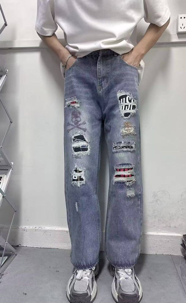 New Retro High Street Plus Size Loose Fit Jeans For Men Washed Paint Splattered Straight Leg Casual Long Pants Trendy_mkmklike.com