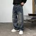 Men's Distressed Cross-Embroidery Jeans – Vintage American Style, Loose Straight-Leg Denim With Splatter Paint & Ripped Details_mkmklike.com