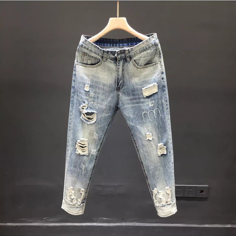 Men's Distressed Jeans Slim Fit Stretch Denim Pants With Washed Effect For Casual Wear_mkmklike.com