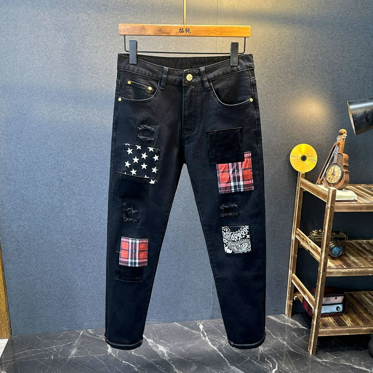 Men's Stretch Washed Denim Jeans - Slim Fit Patchwork Embroidery Streetwear Pants For Casual & Urban Style_mkmklike.com