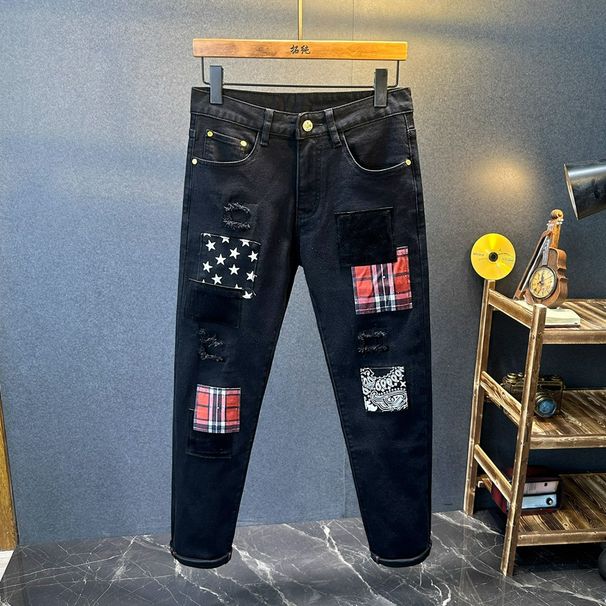 Men's Stretch Washed Denim Jeans - Slim Fit Patchwork Embroidery Streetwear Pants For Casual & Urban Style_mkmklike.com