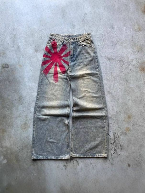 Men's Clothing Retro Washed Old Niche Design Print High Street Wide Leg Mopping Denim Trousers_mkmklike.com